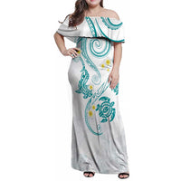 Polynesia Tribal Family Matching Off Shoulder Maxi Dress and Hawaiian Shirt Teal Plumeria Tentacles