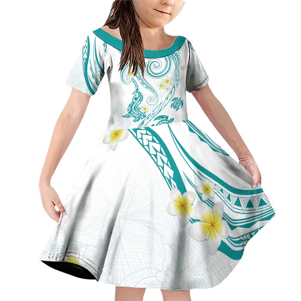 Polynesia Tribal Family Matching Off Shoulder Short Dress and Hawaiian Shirt Teal Plumeria Tentacles