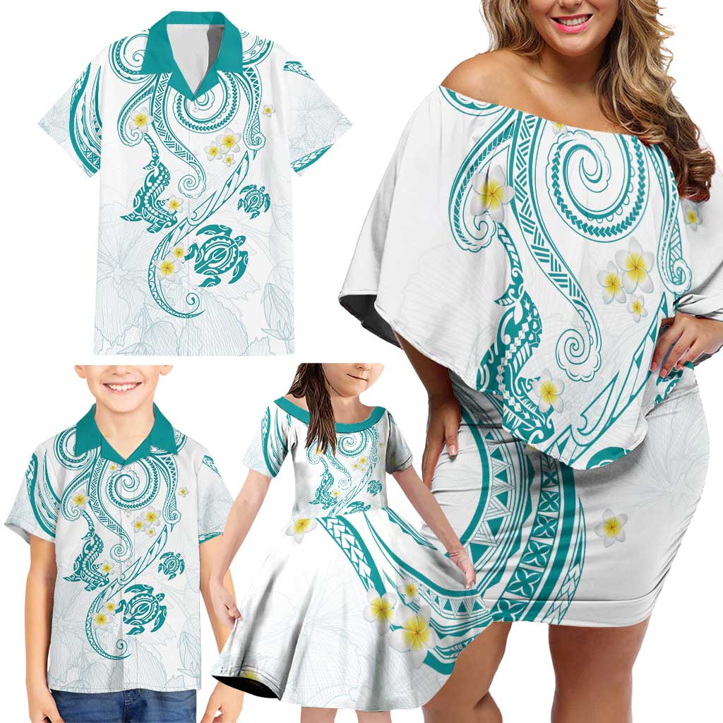 Polynesia Tribal Family Matching Off Shoulder Short Dress and Hawaiian Shirt Teal Plumeria Tentacles
