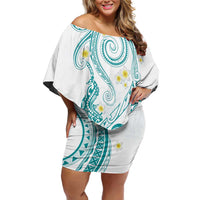 Polynesia Tribal Family Matching Off Shoulder Short Dress and Hawaiian Shirt Teal Plumeria Tentacles