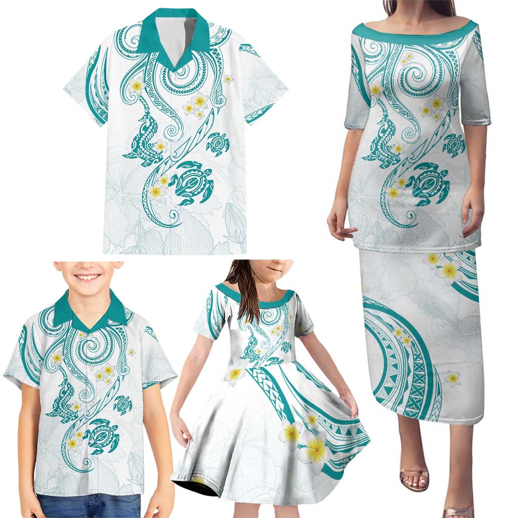 Polynesia Tribal Family Matching Puletasi and Hawaiian Shirt Teal Plumeria Tentacles