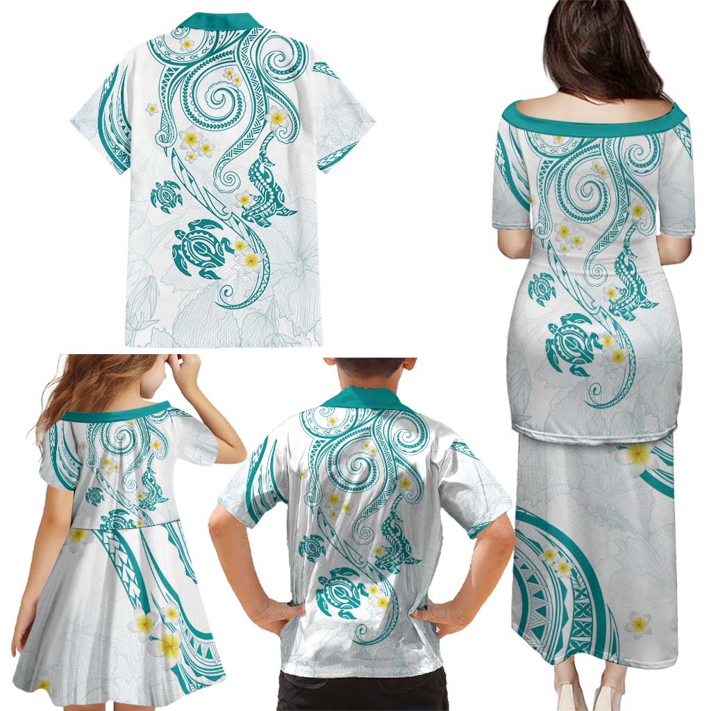 Polynesia Tribal Family Matching Puletasi and Hawaiian Shirt Teal Plumeria Tentacles