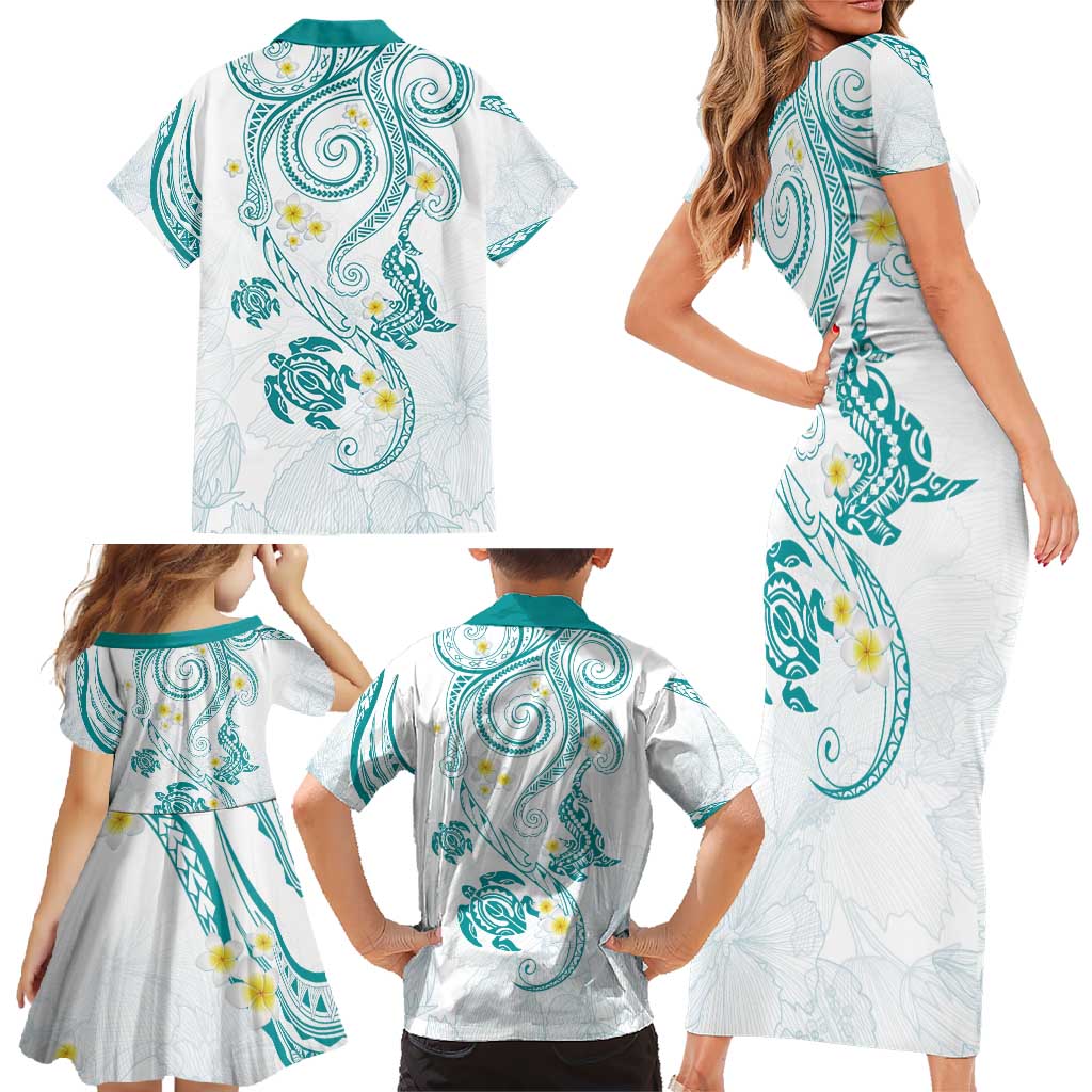 Polynesia Tribal Family Matching Short Sleeve Bodycon Dress and Hawaiian Shirt Teal Plumeria Tentacles