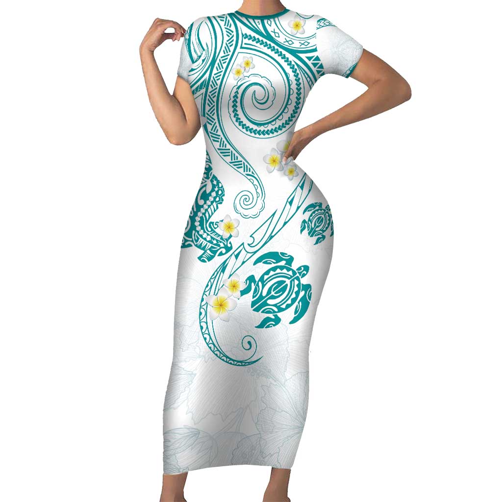 Polynesia Tribal Family Matching Short Sleeve Bodycon Dress and Hawaiian Shirt Teal Plumeria Tentacles