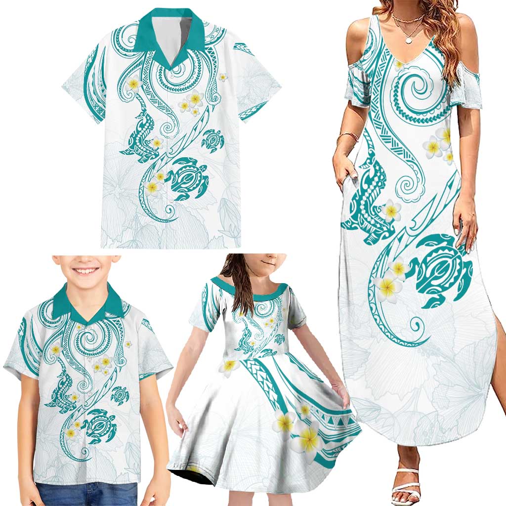 Polynesia Tribal Family Matching Summer Maxi Dress and Hawaiian Shirt Teal Plumeria Tentacles