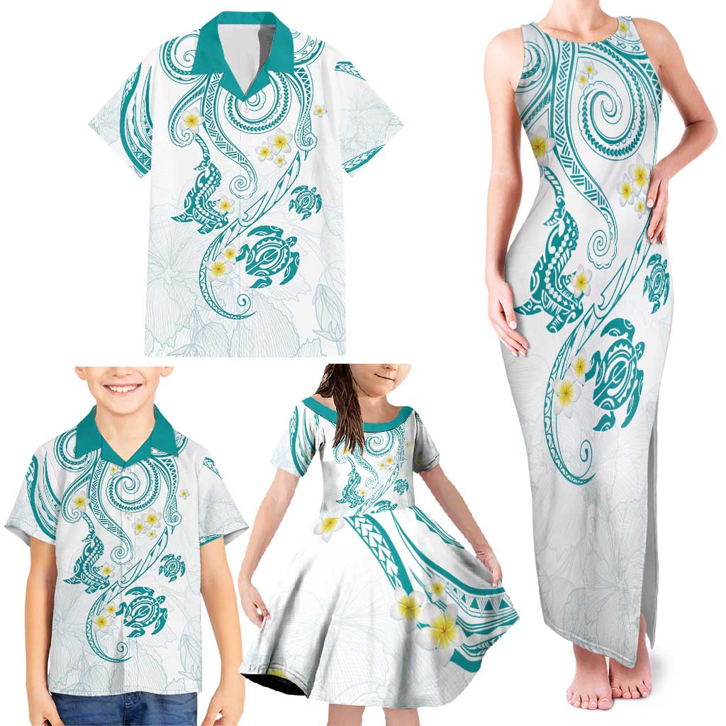 Polynesia Tribal Family Matching Tank Maxi Dress and Hawaiian Shirt Teal Plumeria Tentacles