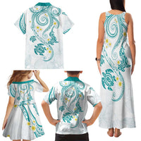 Polynesia Tribal Family Matching Tank Maxi Dress and Hawaiian Shirt Teal Plumeria Tentacles