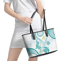 Polynesia Tribal Leather Tote Bag Teal Plumeria Tentacles