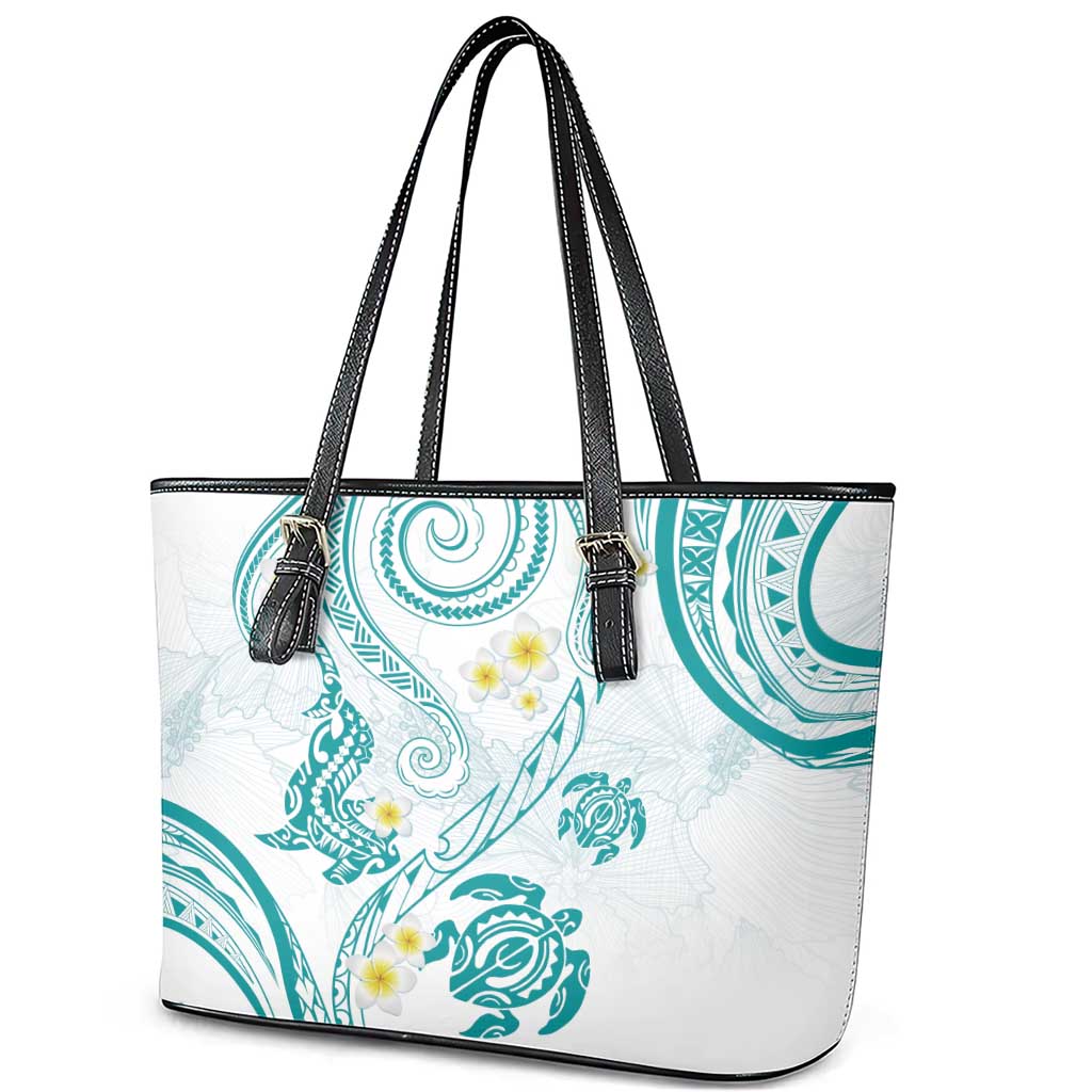 Polynesia Tribal Leather Tote Bag Teal Plumeria Tentacles