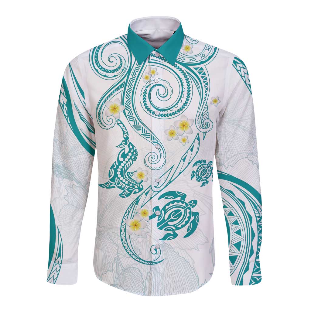 Polynesia Tribal Long Sleeve Button Shirt Teal Plumeria Tentacles LT7 Unisex Teal - Polynesian Pride