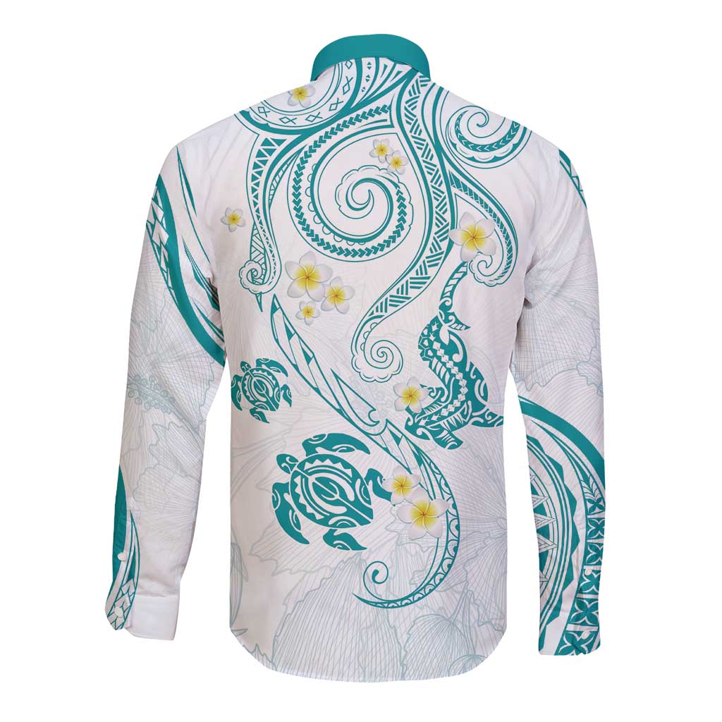 Polynesia Tribal Long Sleeve Button Shirt Teal Plumeria Tentacles