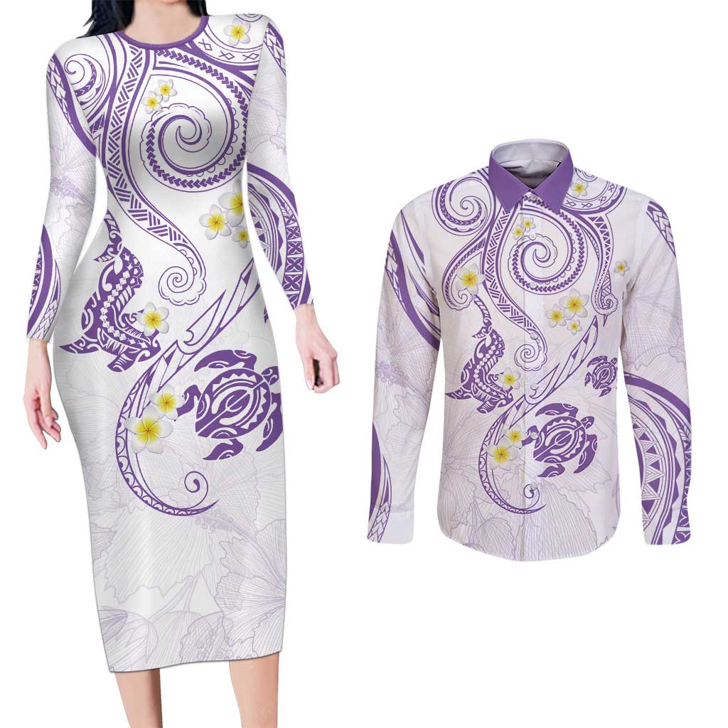 Polynesia Tribal Couples Matching Long Sleeve Bodycon Dress and Long Sleeve Button Shirt Lilac Plumeria Tentacles