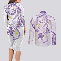 Polynesia Tribal Couples Matching Long Sleeve Bodycon Dress and Long Sleeve Button Shirt Lilac Plumeria Tentacles