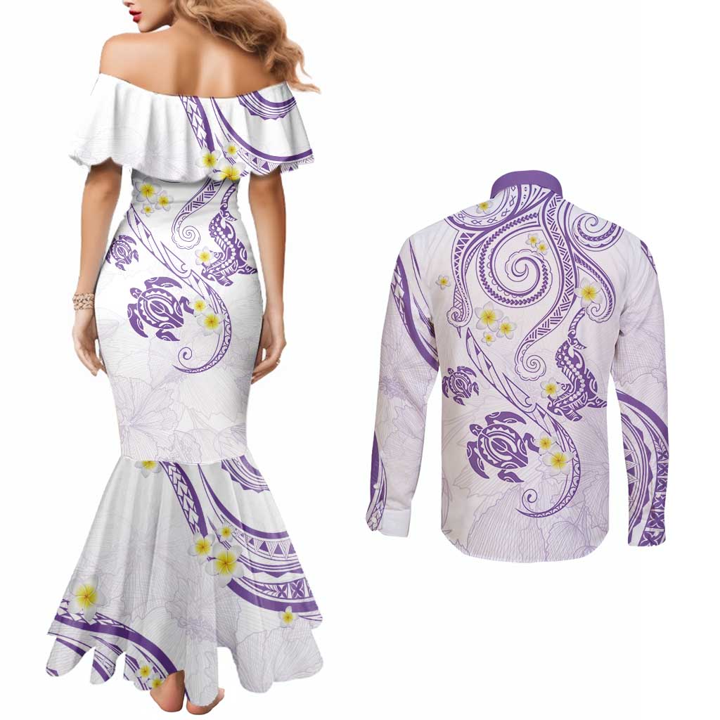 Polynesia Tribal Couples Matching Mermaid Dress and Long Sleeve Button Shirt Lilac Plumeria Tentacles