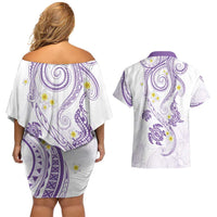 Polynesia Tribal Couples Matching Off Shoulder Short Dress and Hawaiian Shirt Lilac Plumeria Tentacles