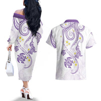 Polynesia Tribal Couples Matching Off The Shoulder Long Sleeve Dress and Hawaiian Shirt Lilac Plumeria Tentacles