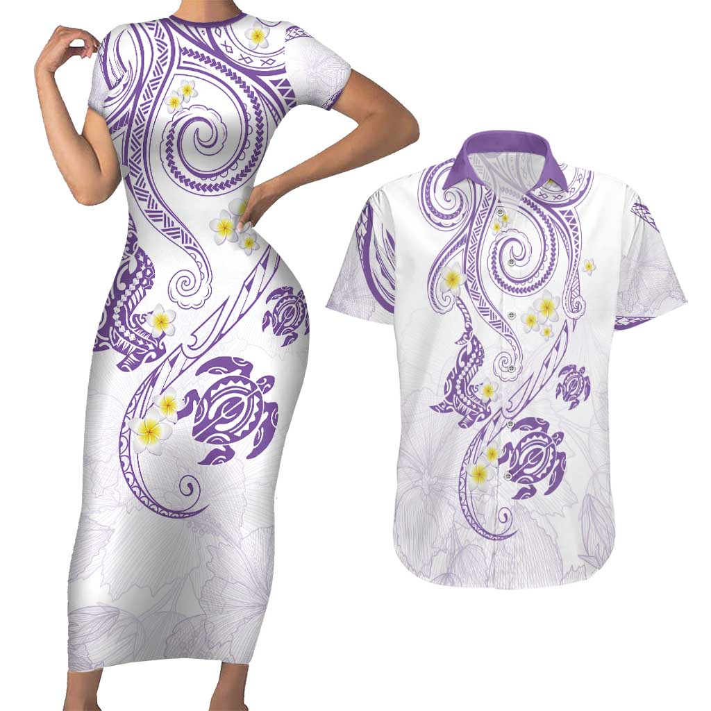 Polynesia Tribal Couples Matching Short Sleeve Bodycon Dress and Hawaiian Shirt Lilac Plumeria Tentacles