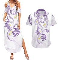 Polynesia Tribal Couples Matching Summer Maxi Dress and Hawaiian Shirt Lilac Plumeria Tentacles