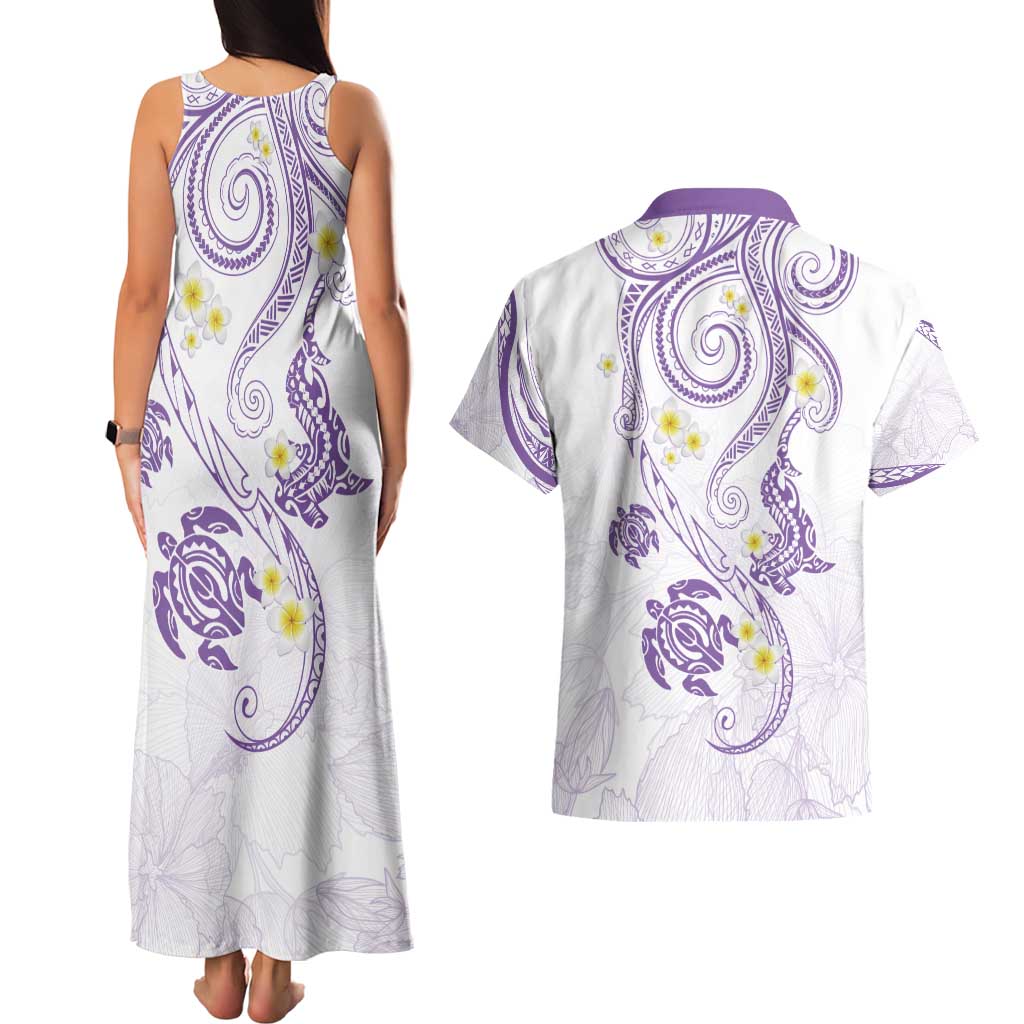 Polynesia Tribal Couples Matching Tank Maxi Dress and Hawaiian Shirt Lilac Plumeria Tentacles