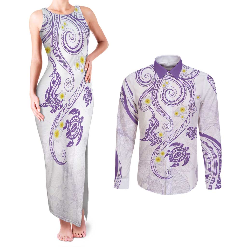 Polynesia Tribal Couples Matching Tank Maxi Dress and Long Sleeve Button Shirt Lilac Plumeria Tentacles