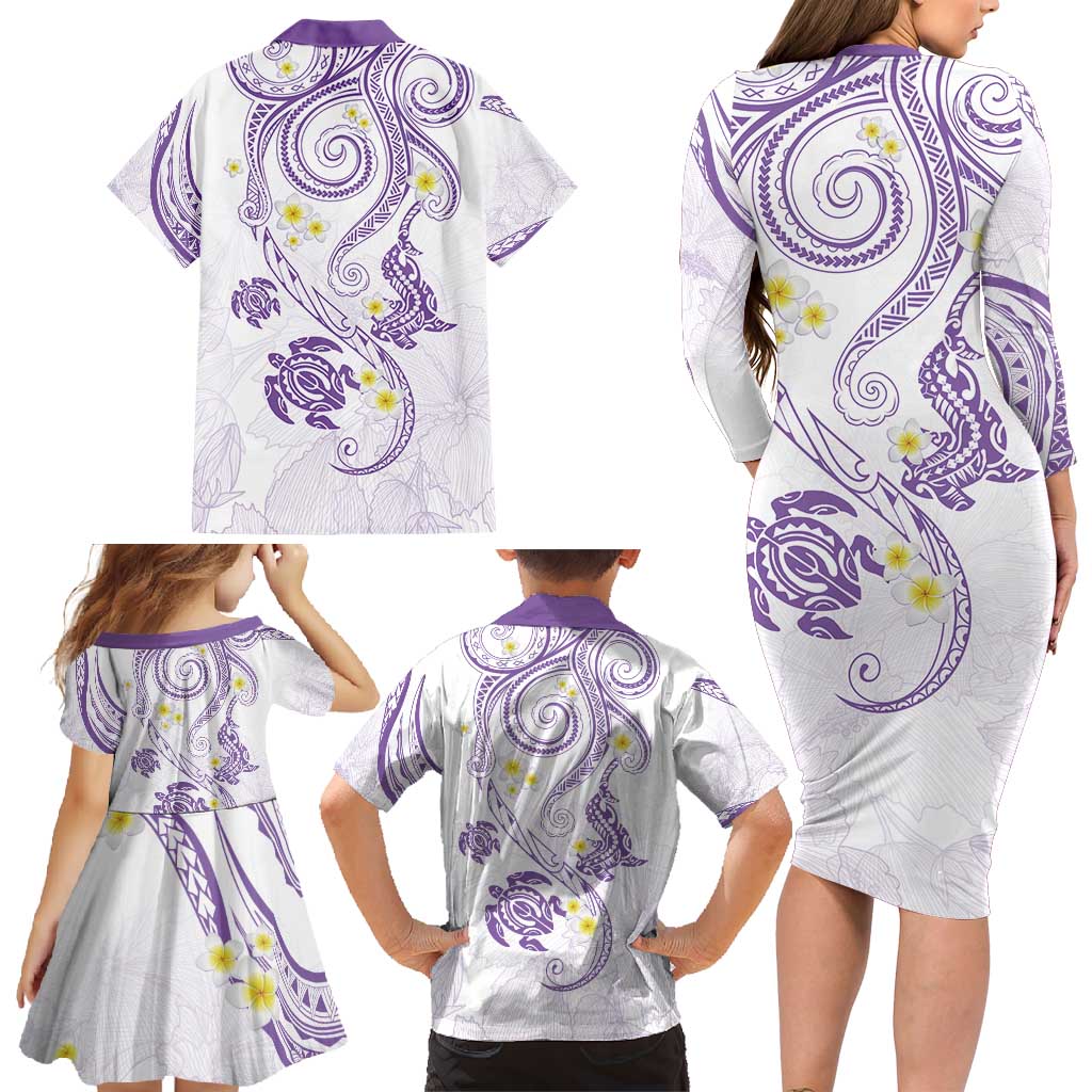 Polynesia Tribal Family Matching Long Sleeve Bodycon Dress and Hawaiian Shirt Lilac Plumeria Tentacles