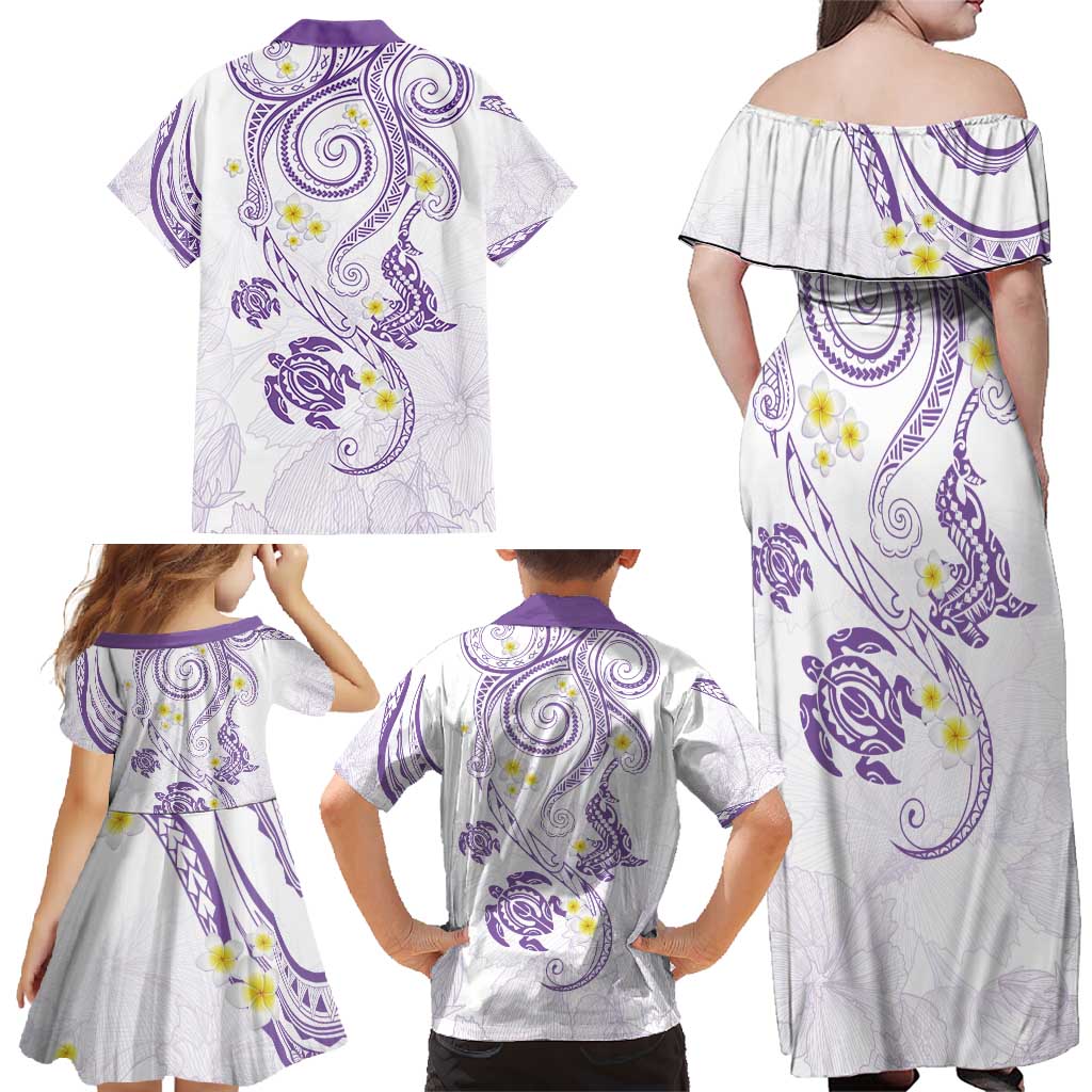 Polynesia Tribal Family Matching Off Shoulder Maxi Dress and Hawaiian Shirt Lilac Plumeria Tentacles