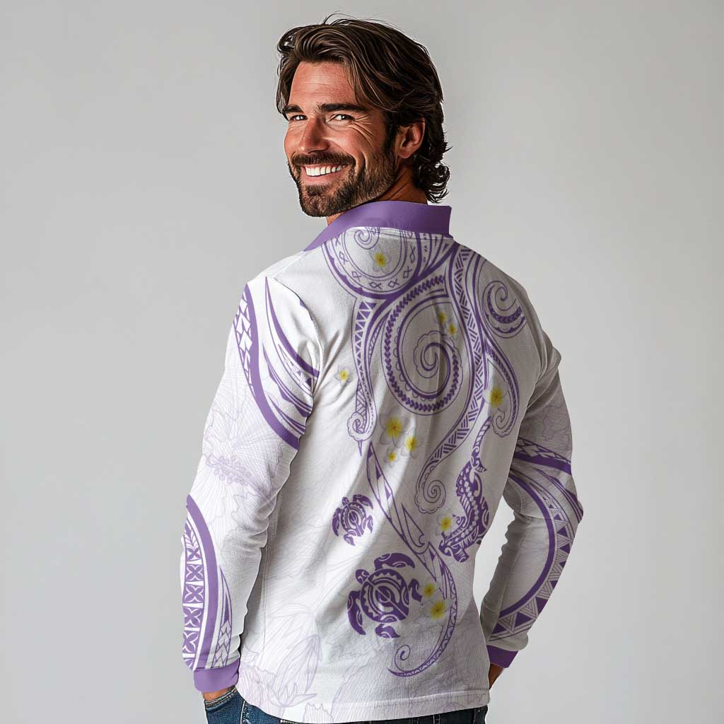 Polynesia Tribal Long Sleeve Polo Shirt Lilac Plumeria Tentacles