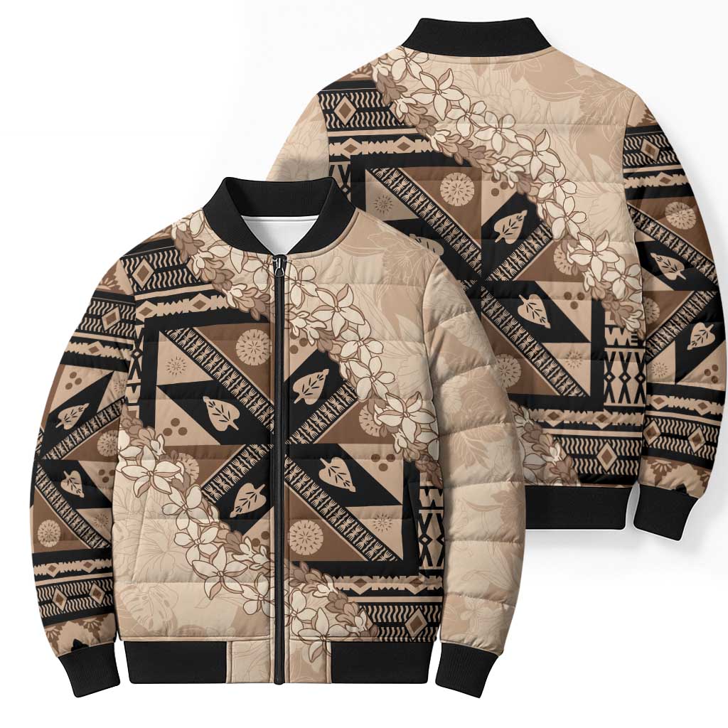 Bula Fiji Plumeria Tagimoucia Salusalu Beige Bomber Puffer Jacket Kaiviti Masi - Polynesian Pride