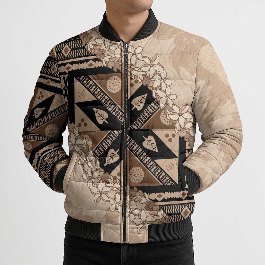 Bula Fiji Plumeria Tagimoucia Salusalu Beige Bomber Puffer Jacket Kaiviti Masi - Polynesian Pride