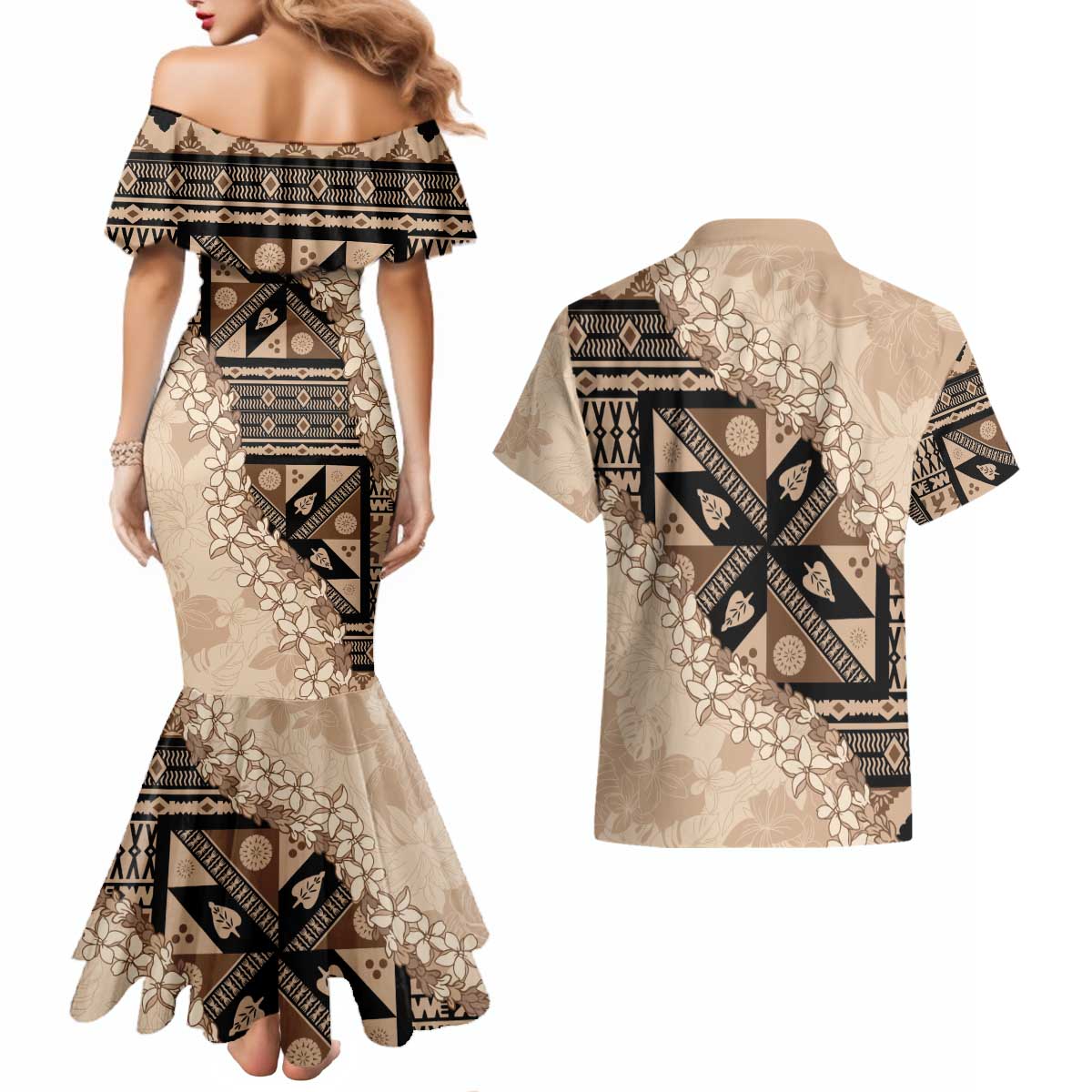 Bula Fiji Plumeria Tagimoucia Salusalu Beige Couples Matching Mermaid Dress and Hawaiian Shirt Kaiviti Masi - Polynesian Pride