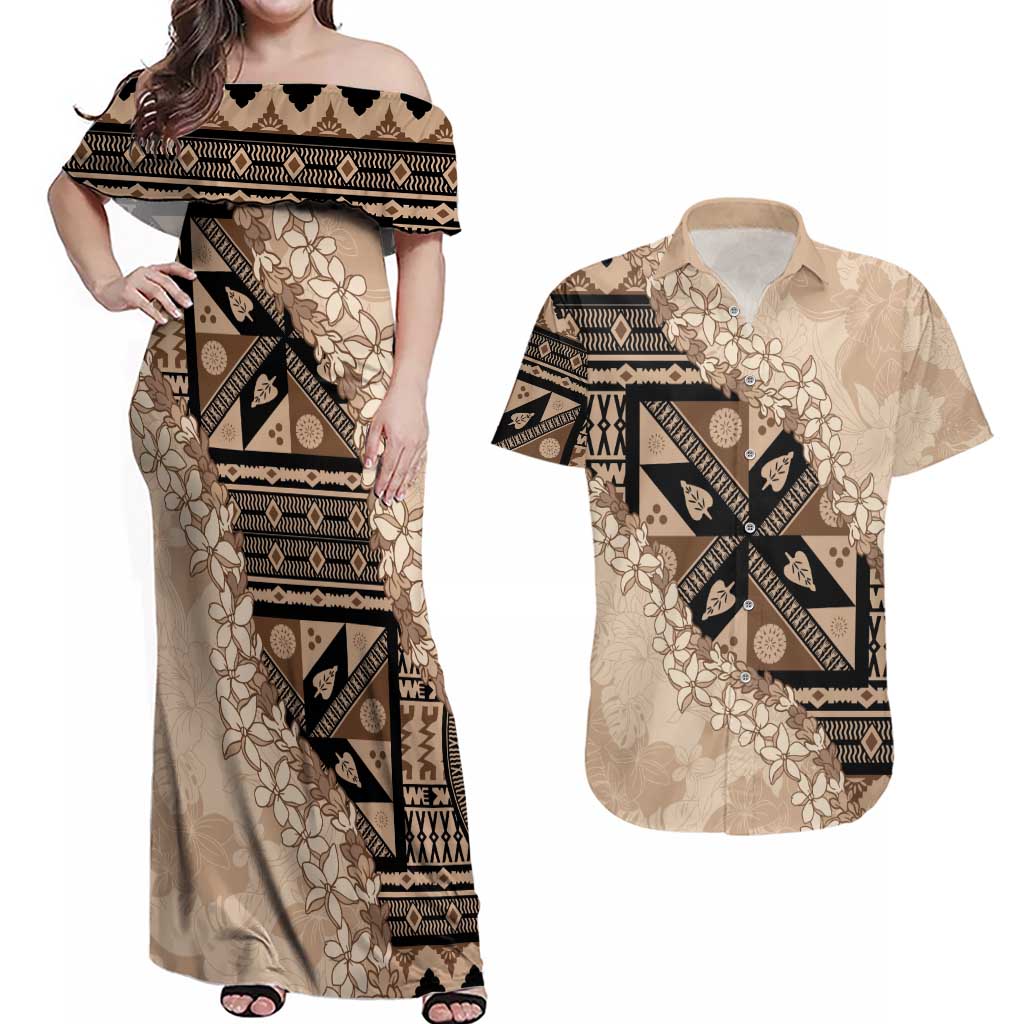 Bula Fiji Plumeria Tagimoucia Salusalu Beige Couples Matching Off Shoulder Maxi Dress and Hawaiian Shirt Kaiviti Masi - Polynesian Pride