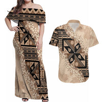 Bula Fiji Plumeria Tagimoucia Salusalu Beige Couples Matching Off Shoulder Maxi Dress and Hawaiian Shirt Kaiviti Masi - Polynesian Pride
