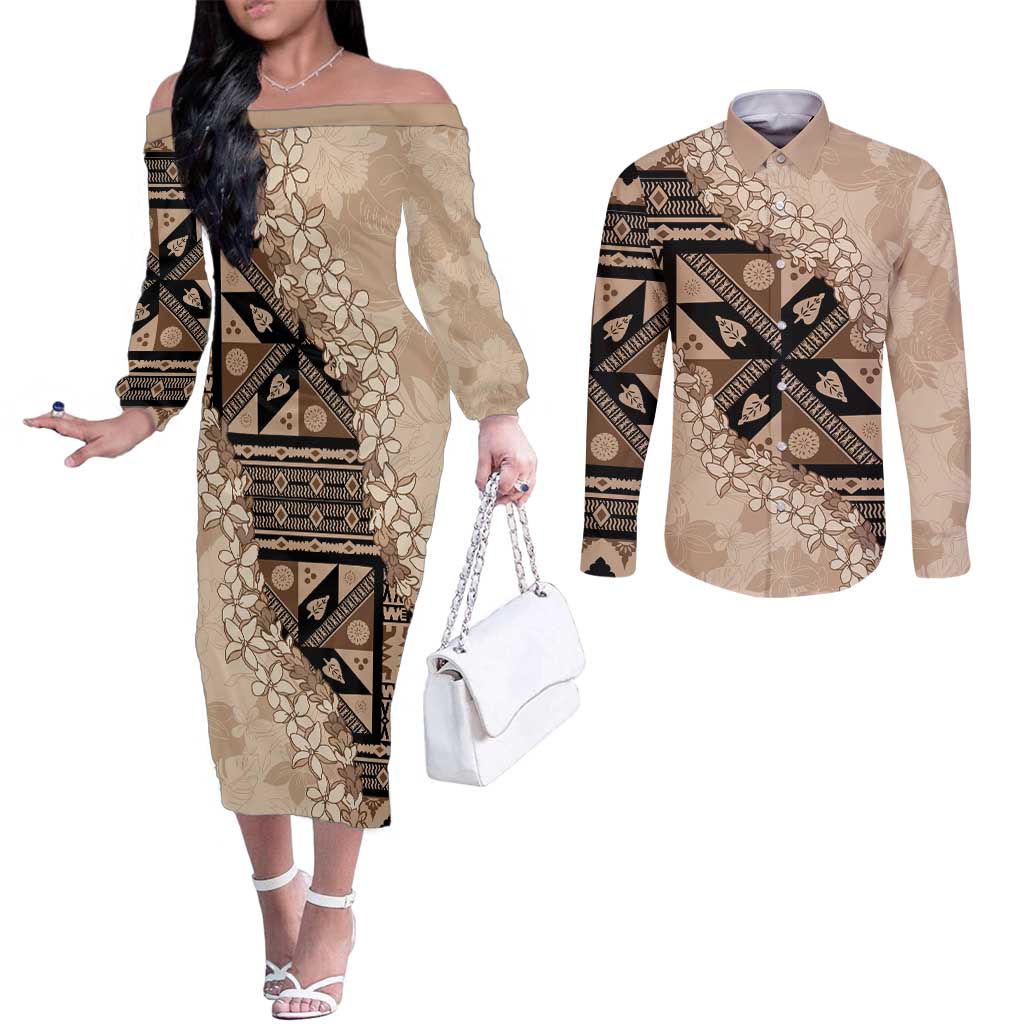 Bula Fiji Plumeria Tagimoucia Salusalu Beige Couples Matching Off The Shoulder Long Sleeve Dress and Long Sleeve Button Shirt Kaiviti Masi LT7 Beige - Polynesian Pride