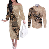 Bula Fiji Plumeria Tagimoucia Salusalu Beige Couples Matching Off The Shoulder Long Sleeve Dress and Long Sleeve Button Shirt Kaiviti Masi LT7 Beige - Polynesian Pride