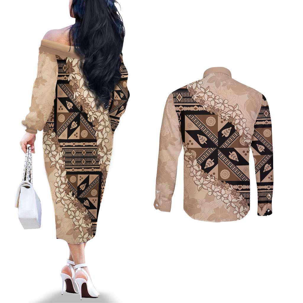 Bula Fiji Plumeria Tagimoucia Salusalu Beige Couples Matching Off The Shoulder Long Sleeve Dress and Long Sleeve Button Shirt Kaiviti Masi LT7 - Polynesian Pride