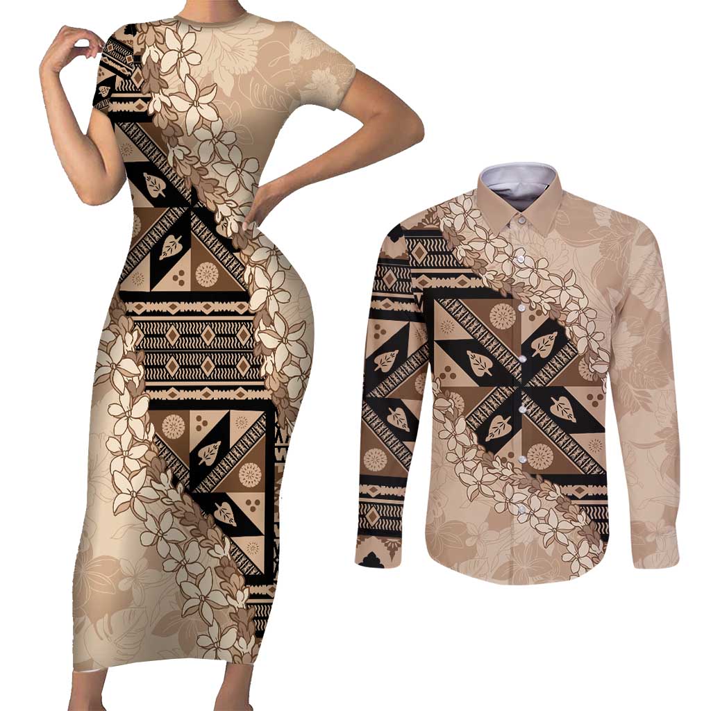 Bula Fiji Plumeria Tagimoucia Salusalu Beige Couples Matching Short Sleeve Bodycon Dress and Long Sleeve Button Shirt Kaiviti Masi LT7 Beige - Polynesian Pride