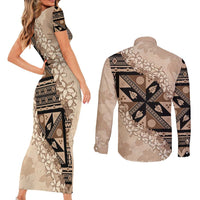 Bula Fiji Plumeria Tagimoucia Salusalu Beige Couples Matching Short Sleeve Bodycon Dress and Long Sleeve Button Shirt Kaiviti Masi LT7 - Polynesian Pride
