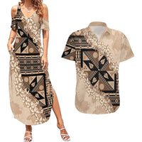 Bula Fiji Plumeria Tagimoucia Salusalu Beige Couples Matching Summer Maxi Dress and Hawaiian Shirt Kaiviti Masi LT7 Beige - Polynesian Pride