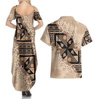 Bula Fiji Plumeria Tagimoucia Salusalu Beige Couples Matching Summer Maxi Dress and Hawaiian Shirt Kaiviti Masi LT7 - Polynesian Pride