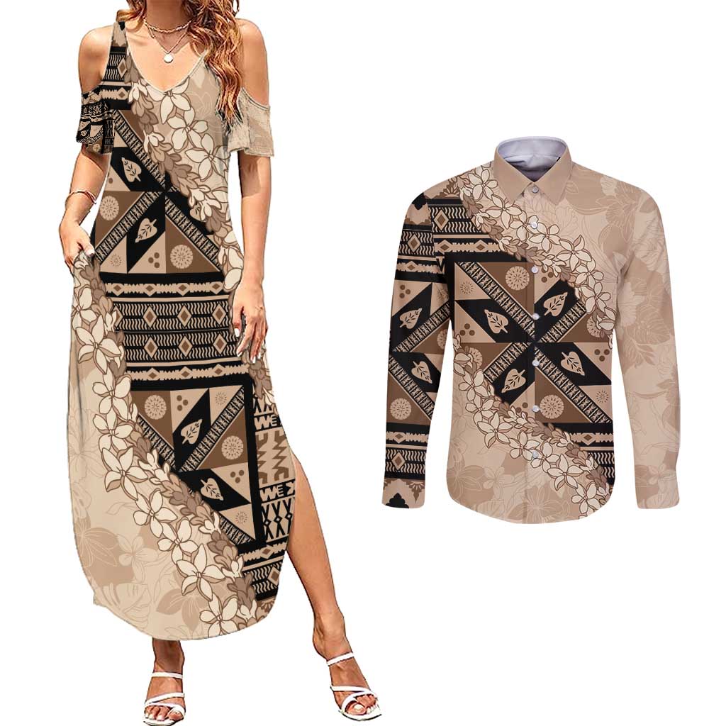 Bula Fiji Plumeria Tagimoucia Salusalu Beige Couples Matching Summer Maxi Dress and Long Sleeve Button Shirt Kaiviti Masi LT7 Beige - Polynesian Pride