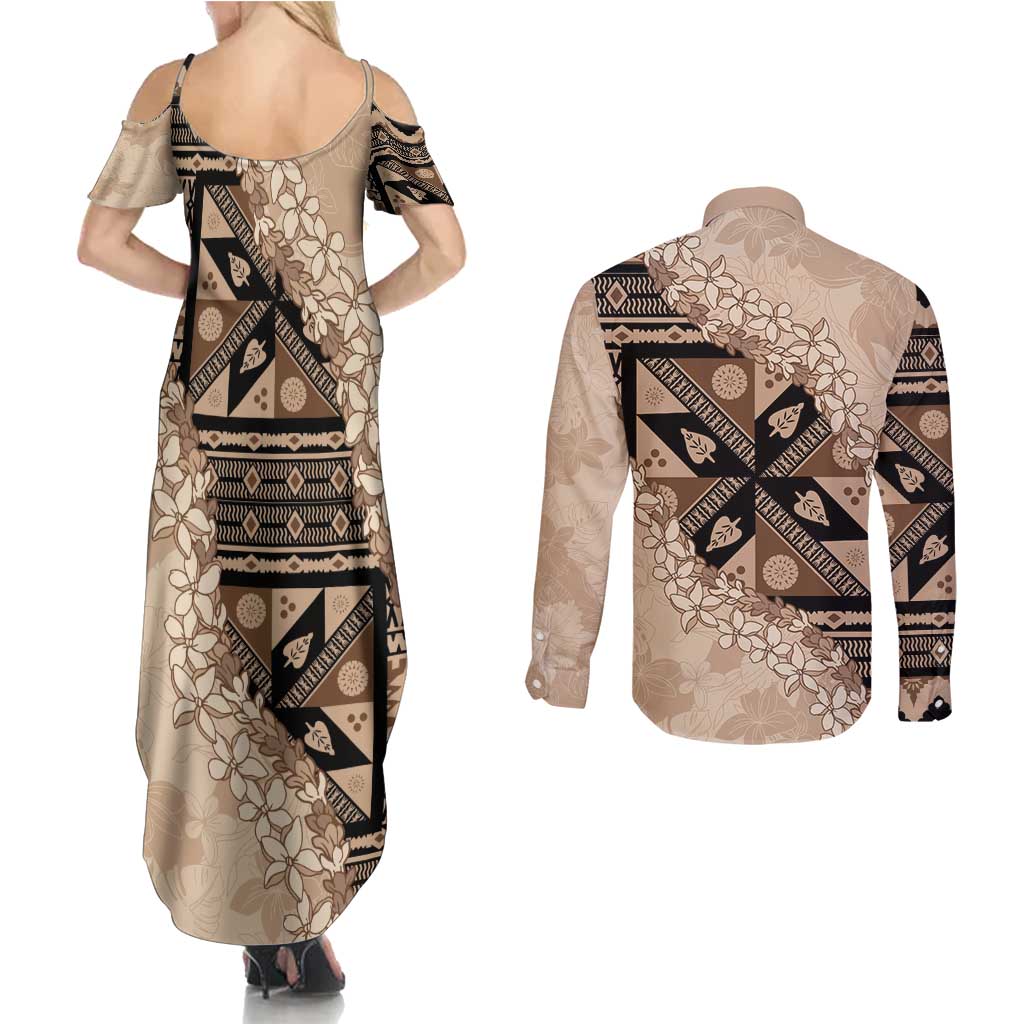 Bula Fiji Plumeria Tagimoucia Salusalu Beige Couples Matching Summer Maxi Dress and Long Sleeve Button Shirt Kaiviti Masi LT7 - Polynesian Pride