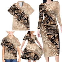 Bula Fiji Plumeria Tagimoucia Salusalu Beige Family Matching Long Sleeve Bodycon Dress and Hawaiian Shirt Kaiviti Masi LT7 - Polynesian Pride