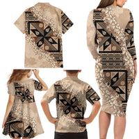 Bula Fiji Plumeria Tagimoucia Salusalu Beige Family Matching Long Sleeve Bodycon Dress and Hawaiian Shirt Kaiviti Masi LT7 - Polynesian Pride