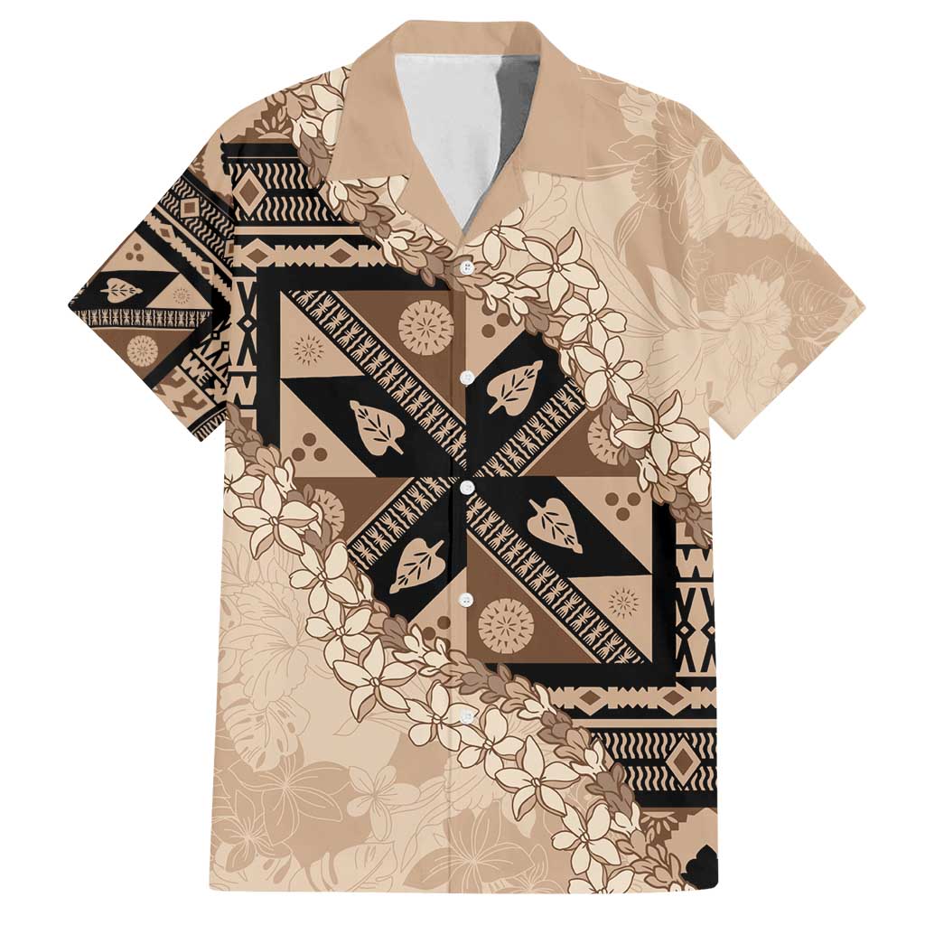 Bula Fiji Plumeria Tagimoucia Salusalu Beige Family Matching Long Sleeve Bodycon Dress and Hawaiian Shirt Kaiviti Masi LT7 Dad's Shirt - Short Sleeve Beige - Polynesian Pride