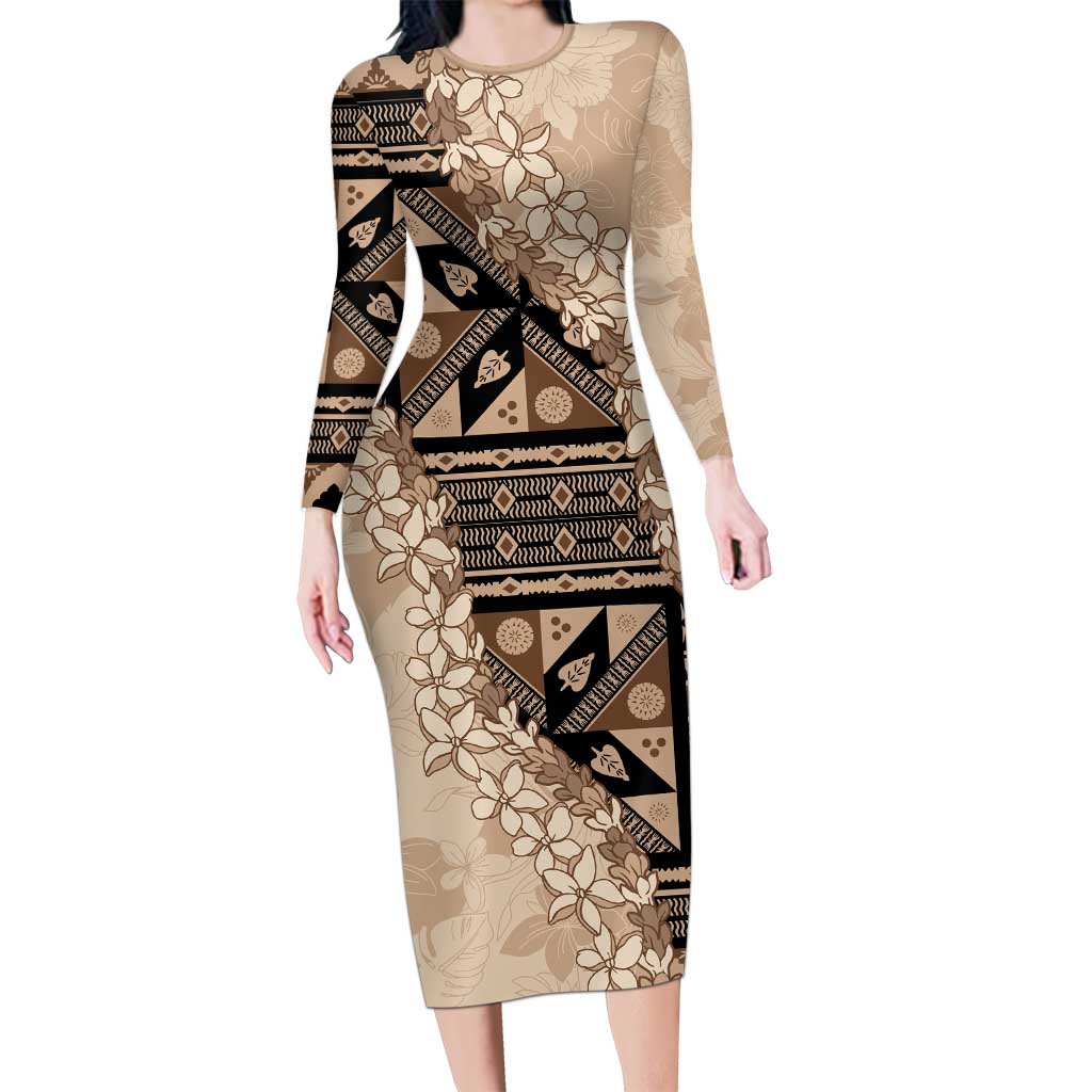 Bula Fiji Plumeria Tagimoucia Salusalu Beige Family Matching Long Sleeve Bodycon Dress and Hawaiian Shirt Kaiviti Masi LT7 Mom's Dress Beige - Polynesian Pride