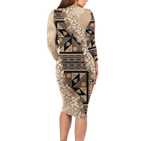 Bula Fiji Plumeria Tagimoucia Salusalu Beige Family Matching Long Sleeve Bodycon Dress and Hawaiian Shirt Kaiviti Masi LT7 - Polynesian Pride