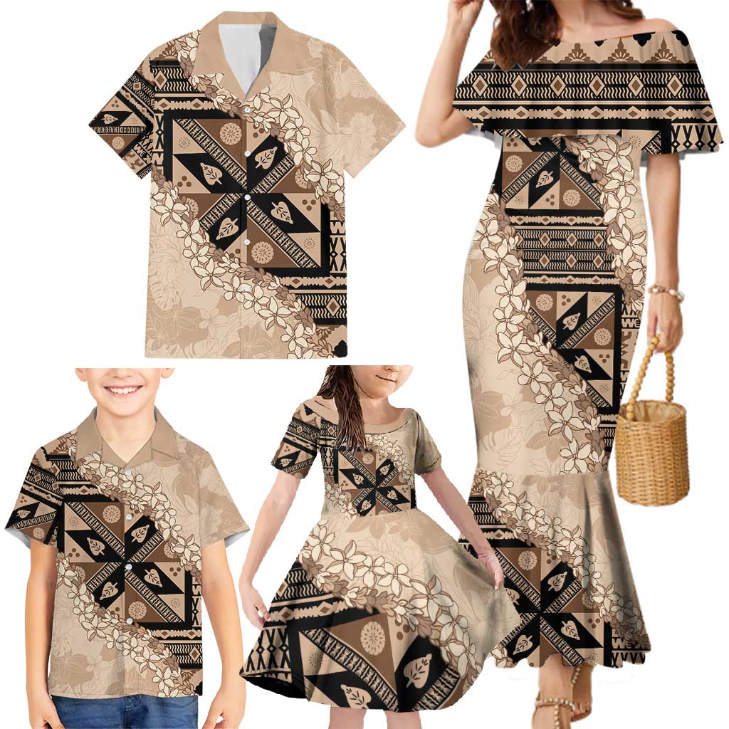 Bula Fiji Plumeria Tagimoucia Salusalu Beige Family Matching Mermaid Dress and Hawaiian Shirt Kaiviti Masi LT7 - Polynesian Pride