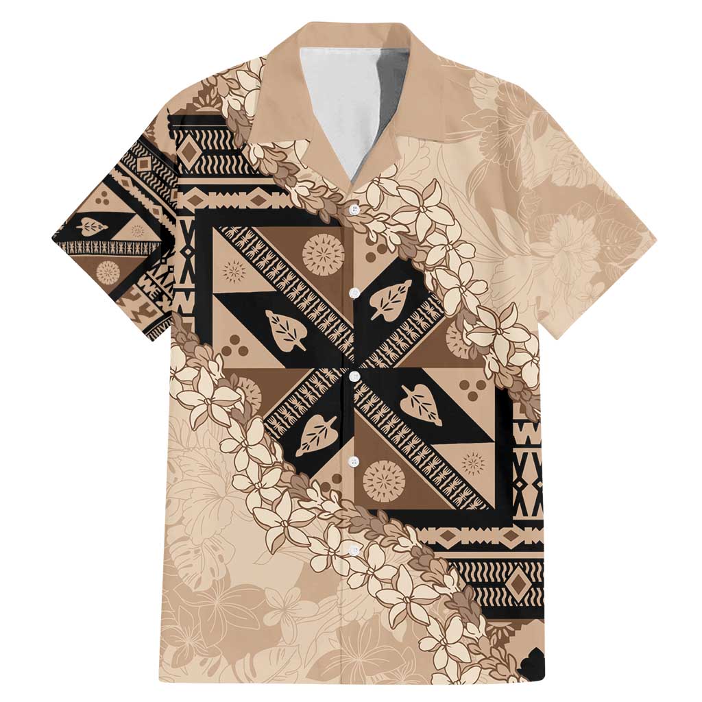 Bula Fiji Plumeria Tagimoucia Salusalu Beige Family Matching Mermaid Dress and Hawaiian Shirt Kaiviti Masi LT7 Dad's Shirt - Short Sleeve Beige - Polynesian Pride