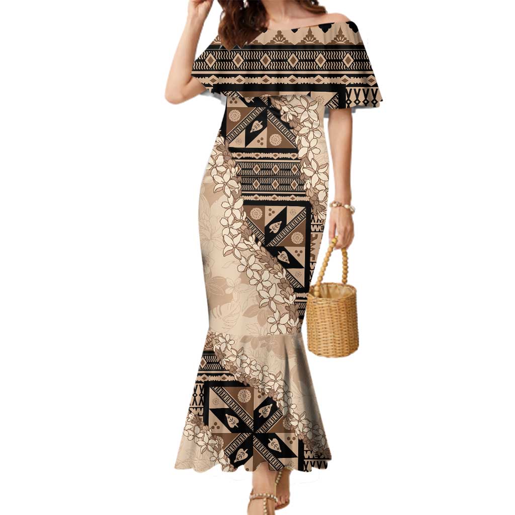 Bula Fiji Plumeria Tagimoucia Salusalu Beige Family Matching Mermaid Dress and Hawaiian Shirt Kaiviti Masi LT7 Mom's Dress Beige - Polynesian Pride