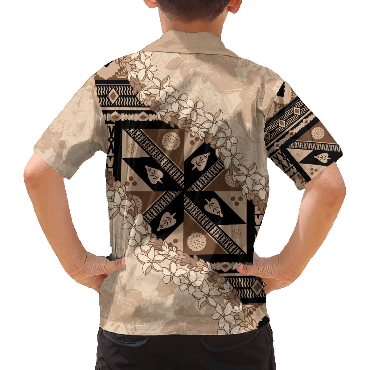 Bula Fiji Plumeria Tagimoucia Salusalu Beige Family Matching Off The Shoulder Long Sleeve Dress and Hawaiian Shirt Kaiviti Masi - Polynesian Pride